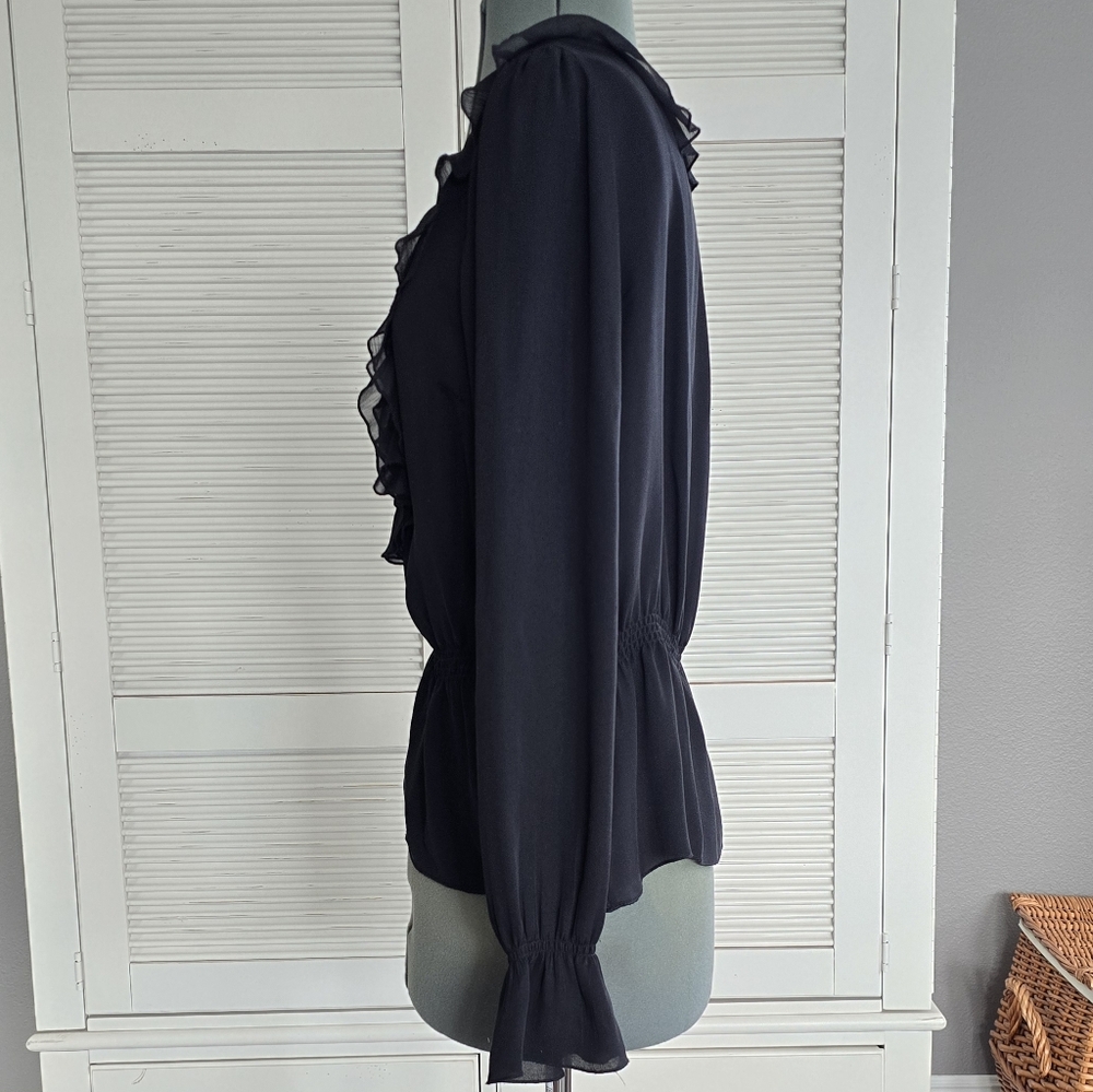 White House Black Market | Silk Black Ruffle Blouse - Picture 2 of 7
